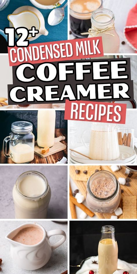 collage of homemade coffee creamers with text condensed milk coffee creamer recipes. Condensed Milk Coffee Creamer, Sweetened Condensed Milk Coffee, Healthy Coffee Smoothie Recipes, Coffee Creamer Recipes, Condensed Milk Coffee, Coffee Drinks At Home, Sweet Coffee Drinks, Easy Coffee Drinks Recipes, Coffee Smoothie Healthy