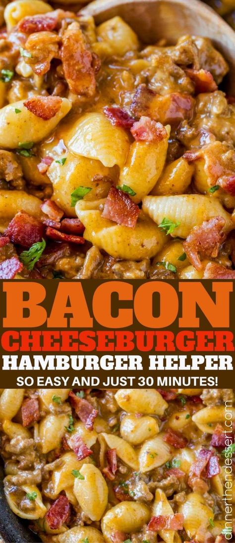 Bacon Cheeseburger Hamburger Helper is full of bacon and cheesy pasta goodness turned into a 30 minute meal perfect for weeknights that the kids will love! Cheeseburger Hamburger Helper, Hamburger Helper Recipes, Cheeseburger Pasta, Dinner Then Dessert, Homemade Hamburgers, Hamburger Meat Recipes, Hamburger Helper, Beef Casserole Recipes, Cheesy Pasta