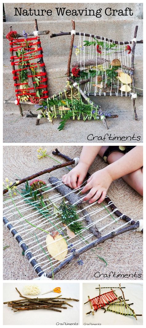 DIY Nature Weaving Tutorial from Craftiments.Teach young kids the basics of weaving with this DIY Nature Weaving Tutorial from Craftiments. All you need are sticks, yarn or rope, and just about anything to weave into your woven piece. Best part? When... Nature Weaving, Oppgaver For Barn, Nature Hunt, Diy Nature, Nature School, Weaving Tutorial, Deco Nature, Forest School, Nature Play