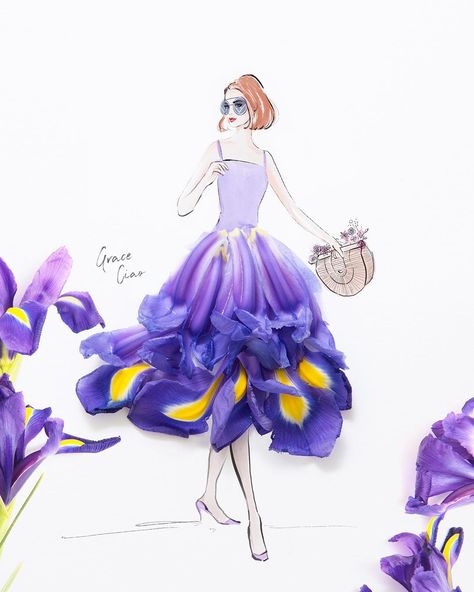 iris flowers Grace Ciao, Flower Dress Art, Flower Petal Art, Yellow Iris, Iris Purple, Petal Art, Media Illustration, Flowers Fashion, Fashion Illustration Sketches Dresses