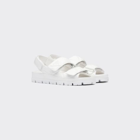 White Padded nappa leather sandals | Prada Prada 2023, 2023 Ss, Chunky Heels Sandals, Leather Sandals Women, Daily Necessities, Triangle Logo, Sandals Women, Luxury Style, Designer Sandals