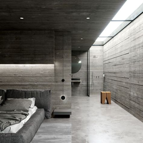 Concrete Home Interior Design, Concrete Loft Interiors, Brutalist Bathroom Design, Concrete And Wood Bathroom, Concrete Bedroom Design, Cement House Design, Concrete Houses Interior, Brutalist Bathroom, Exposed Concrete Interior