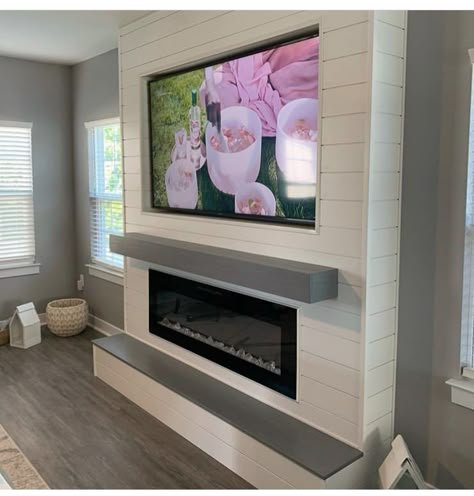 Tv Insert Over Fireplace, Tv Wall Mount With Fireplace, Shiplap Fireplace Entertainment Center, Diy Electric Fireplace Wall With Tv Built In, Linear Fireplace Wall Ideas, Shiplap Electric Fireplace Wall With Tv, Built In Electric Fireplace And Tv, Diy Electric Fireplace Wall With Tv, Diy Entertainment Center With Fireplace