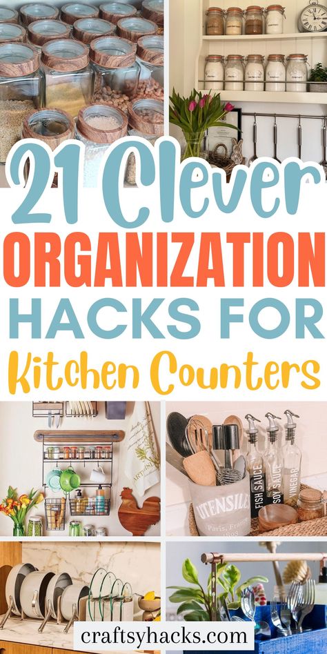 Transform your kitchen counter tops with these smart kitchen organization ideas! Discover organization hacks and storage solutions to keep your kitchen organized. Clean Organized Kitchen, Kitchen Worktop Storage Ideas, Kitchen Counter Ideas Organizing, Counter Utensil Storage, How To Store Kitchen Items, Kitchen Storage Countertop, Kitchen Bar Organization Ideas, Kitchen Paper Storage, Kitchen Sink Strainer Ideas