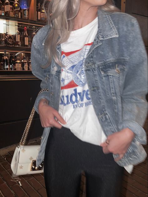 Budweiser Shirt Outfit, Budweiser Shirt, Chefs Kiss, Tshirt Outfit, Shirt Outfits, Tshirt Outfits, Shirt Outfit, Night Out, Denim Jacket