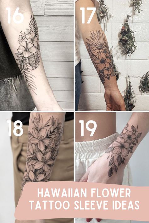 23 Stunning Hawaiian Flower Tattoos + Meaning - tattooglee Colored Hawaiian Flower Tattoo, Hawaiian Flower Tattoos Sleeve Hawaii, Hawaiian Vine Tattoo, Hawaiian Lei Flowers Tattoo, Hawaiian Flower Arm Tattoos For Women, Tropical Flower Forearm Tattoo, Tropical Forearm Tattoo, Tropical Hand Tattoo, Plumeria Arm Tattoo