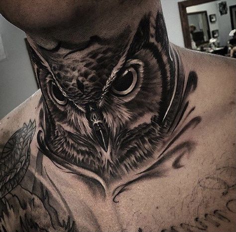 Owl Tattoo Back, Owl Neck Tattoo, Chest Neck Tattoo, Neck Tats, Hals Tattoo Mann, Realistic Owl Tattoo, Forearm Cover Up Tattoos, Full Neck Tattoos, Best Neck Tattoos