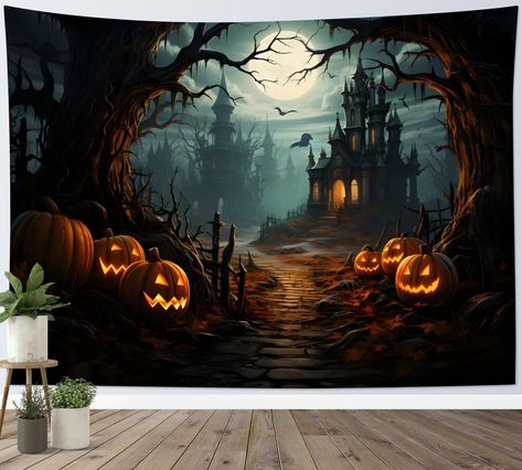 PRICES MAY VARY. Horror Halloween Tapestry: Pumpkin dead tree ghost pattern to decorate your hoom and office; It is not only a wall hanging tapestry, but also a table cloth, kitchen closet drape curtain, party backdrop, garden decoration and so on. Package Included: 1pc 92W inches x 70.5H inches tapestry, 6pcs non-trace nails,easy to hang. Material: Polyester fabric, soft and solid, can be used for a long time, without fading. Customized: We can customize the pattern and size, so that you can ha College Dorm Wall Decor, Scary Forest, Pumpkin Haunted House, Living Room College, Halloween Living Room Decor, Halloween Tapestry, Halloween Houses, Horror Pumpkin, Tapestry For Bedroom