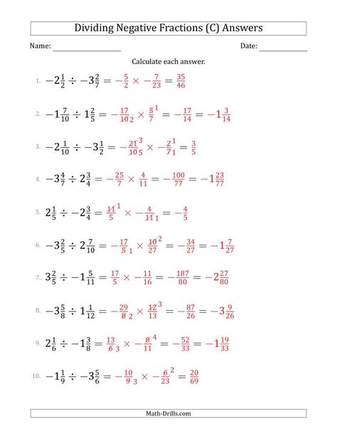 The Dividing Negative Mixed Fractions with Denominators to Twelfths (C) math worksheet page 2 Dividing Mixed Fractions, Mixed Fractions Worksheets, Dividing Fractions Worksheets, 7th Grade Math Worksheets, Mixed Fractions, Mental Maths Worksheets, Math Drills, Classroom Anchor Charts, Homeschool Worksheets