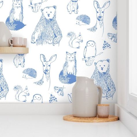 Woodland Animals Cornflower on white Wallpaper | Spoonflower Forest Rabbit, Autumn Bear, Dreamy Wallpaper, Ink Animals, Pink Deer, Deer Forest, Fox Kids, Woodland Deer, Bear Wallpaper