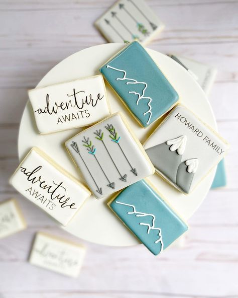 Mountain Cookies Decorated Wedding, Let The Adventure Begin Cookies, Mountain Cookies Decorated, Adventure Awaits Cookies Decorated, Adventure Cookies, Adventure Baby Shower Theme, Camping Cookies, Bachelorette Cookies, Adventure Awaits Baby Shower