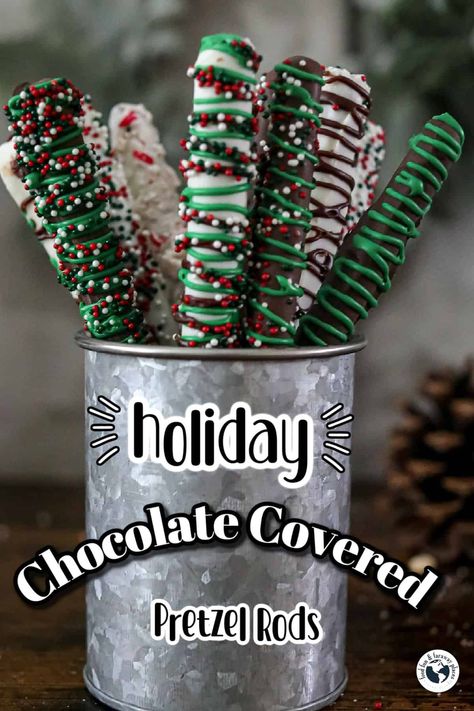 Easy to make and fun to gift, these festive chocolate covered pretzel rods are perfect for any holiday dessert table. White Chocolate Pretzel Rods, Pretzel Rods Recipe, Chocolate Covered Pretzels Christmas, Chocolate Pretzel Rods, Covered Pretzel Rods, White Chocolate Covered Pretzels, Christmas Pretzels, Dipped Pretzel Rods, White Chocolate Pretzels