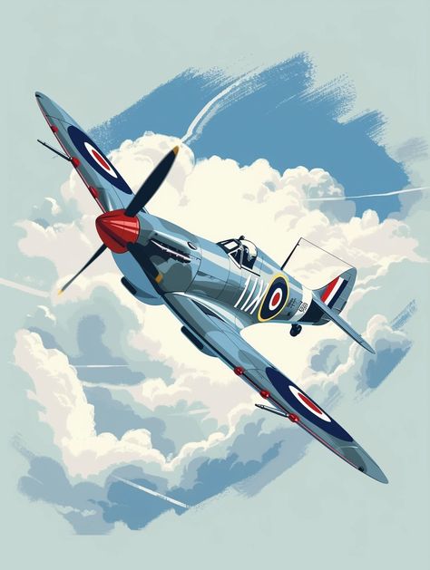 graphic for t-shirt, flat graphic, World War II spitfire plane flying out of the clouds, isolated, simple --v 6 Illustrative Posters, Unsc Halo, Fighter Planes Art, Spitfire Plane, Cartoon Plane, Plane Flying, Wwii Fighter Planes, Airplane Drawing, Pilots Aviation