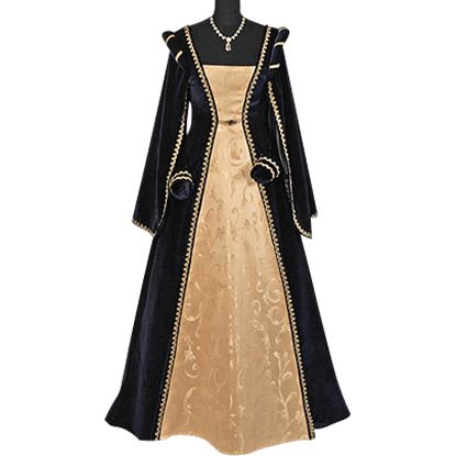 Courtly Renaissance Dress - Blue and Gold Gown Queen, Tudor Gown, Istoria Modei, Gaun Abad Pertengahan, Tudor Dress, Queen Of Spain, Tudor Costumes, Medieval Gown, Royal Clothing