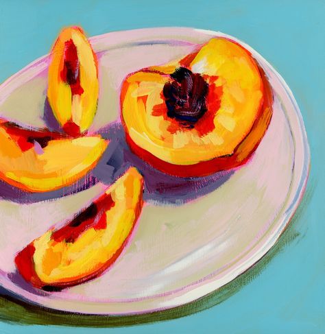 Did you know South Carolina averages more than three times the amount (in pounds) of peaches harvested in Georgia in a typical season? ⁠ ⁠ Peaches will always be my favorite fruit to paint. From their bright orange flesh to their fuzzy skin, its always interesting finding new ways to capture them with a paintbrush. ⁠ ⁠ I love this iteration which will be available 7/30 at @artandlightgallery for their 18th anniversary show! 🧡 10 x 10 inches, acrylic on wood panel. ⁠ ⁠ #artopening #guestartist... Fruit To Paint, Peach Painting, Peach Paint, 18th Anniversary, Fruit Slices, Peach Art, Acrylic On Wood, A Typical, Wood Panel