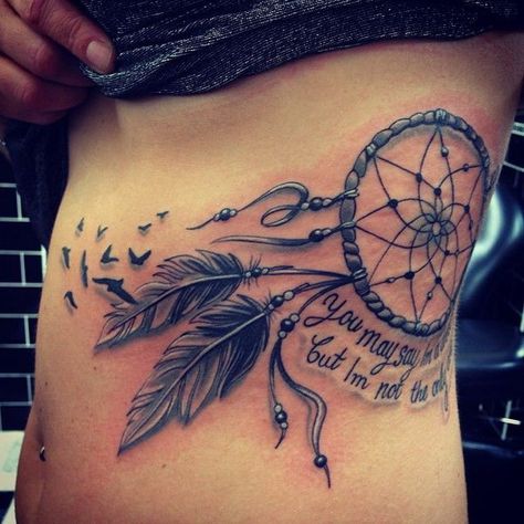 Dreamcatcher Tattoo with Birds. Dream Catcher Rib Tattoo, Tattoo With Words, Dreamer Tattoo, Dreamcatcher Tattoo Meaning, Dreamcatcher Tattoos, Wolf Tattoo Ideas, Dream Catcher Tattoo Design, Dream Catcher Tattoo, Side Tattoos