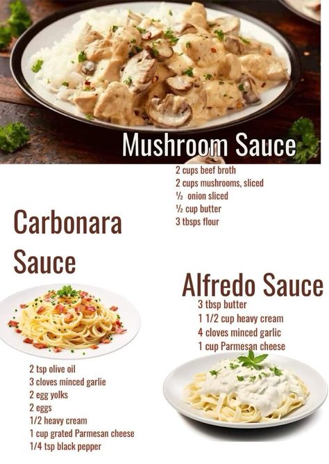 Recipe Mushroom, Carbonara Sauce, White Sauce Recipes, Homemade Sauce Recipes, Easy Peasy Recipes, Grandmas Recipes, Mushroom Sauce, Yummy Chicken Recipes, White Sauce