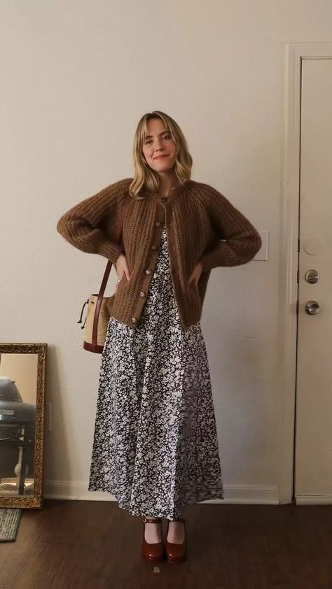 thesunalsoreads on LTK Floral Skirt And Sweater Outfit, Dress And Sweater Combo, Winter Floral Dress Outfit, Outfit Inspo Teacher, Long Dress And Sweater Outfit, Cottage Outfits Aesthetic, Cute Fall Outfits Work, Sweater Vest Over Dress, Cottage Style Outfits