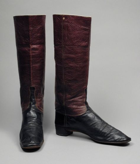 Pair of Man's Dress Wellington Boots | LACMA Collections Probably England, circa 1845 Costumes; Accessories Patent leather, leather, sueded leather Height: 14 1/4 in. (36.2 cm); Length: 10 in. (25.4 cm) each 19th Century Men, Mens Dress Boots, Wellington Boot, Wellington Boots, Antique Clothing, Rubber Shoes, Classic Boots, Historical Clothing, Waterproof Boots