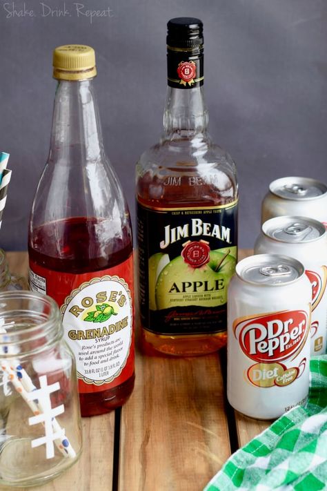 Super Bowl Slammer Drink Recipe - Shake Drink Repeat Jim Beam Apple Drinks, Dr Pepper Cocktail, Jim Beam Apple Recipes, Super Bowl Party Drinks, Drinks With Grenadine, Pepper Cocktail, Shake Drink, Orange Pepper, Apple Drinks