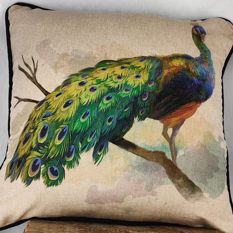 This beautiful peacock cushion with black piping is available to buy. Only one available. Peacock panel both sizes, concealed zip. Cotton/linen mix. 17" x 17" £29.95 plus postage. Meg x Peacock Cushion, Beautiful Peacock, Artist On Instagram, Cotton Linen, Piping, Cushions, Quick Saves, Black