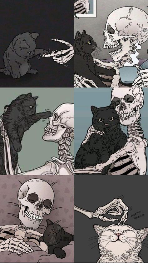 Cartoon Skeleton Wallpaper, Cat Background Aesthetic, Women Wallpaper Aesthetic, Edgy Wallpaper Desktop, Witchy Pfp, Skeleton Pfp, Kiki Cat, Quirky Wallpaper, Good Phone Backgrounds