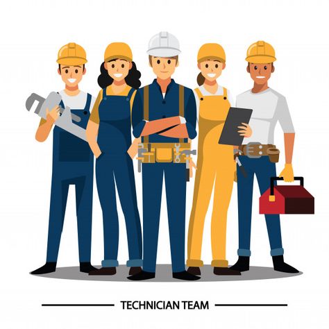 Technician, builders, engineers and mech... | Premium Vector #Freepik #vector #business #people #woman #character Biotechnology Art, Engineer Cartoon, Handyman Logo, Ing Civil, Isometric Drawing, 광고 디자인, Construction Logo, Illustration Cartoon, Construction Worker