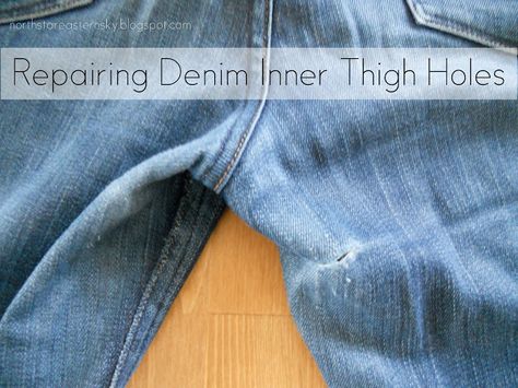 #DIY Denim: Patching Inner Thigh Holes....it's sad that I am pinning this.... Denim Patches Diy, Jean Mending, How To Patch Jeans, Get Rid Of Lower Belly, Bane Of My Existence, Patch Hole, Repair Jeans, Stitching Ideas, Diy Denim