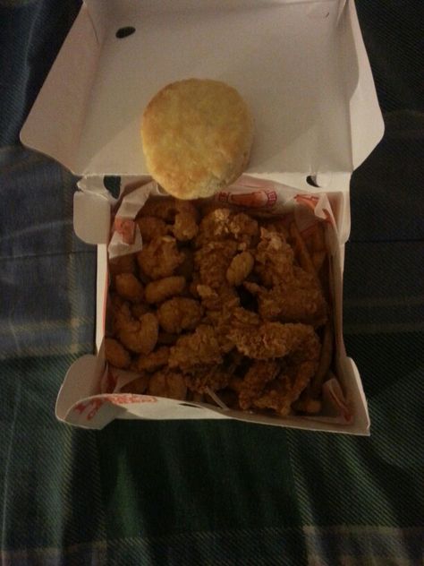 Butterfly Shrimp, Chicken Tenders, French Fries & An Biscuit from Popeye's. #Shrimp #Chicken #FrenchFries #Biscuit #Popeyes Popeyes Tenders, Popeyes Shrimp, Butterfly Shrimp, Beautiful Pantry, Popcorn Shrimp, Food Aesthetics, Food Therapy, Allergy Free Recipes, Yummy Comfort Food