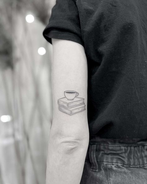 Ink For Introverts: Tattoo Ideas For The Reserved And Deep Thinkers – Self Tattoo Books With Coffee Tattoo, Coffee Aesthetic Tattoo, Book And Coffee Tattoo Small, Tea Mug Tattoo, Coffee And Book Tattoo, Books And Coffee Tattoo, Book And Coffee Tattoo, Introvert Tattoo Ideas, Cup Of Coffee Tattoo