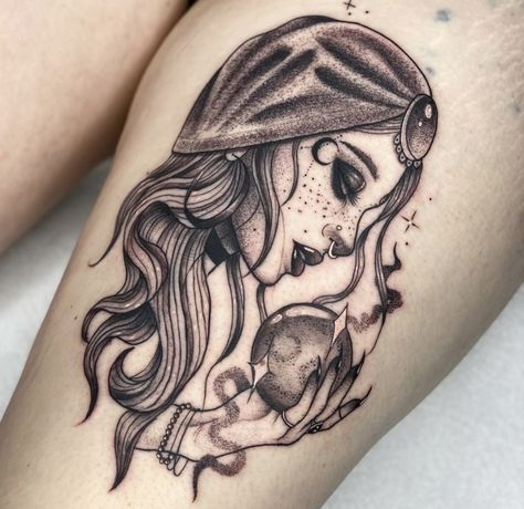 Fortune Teller Tattoo, B Tattoo, Fortune Teller, Custom Tattoo, Blackwork Tattoo, Tattoos And Piercings, I Tattoo, Skull Tattoo, Piercings