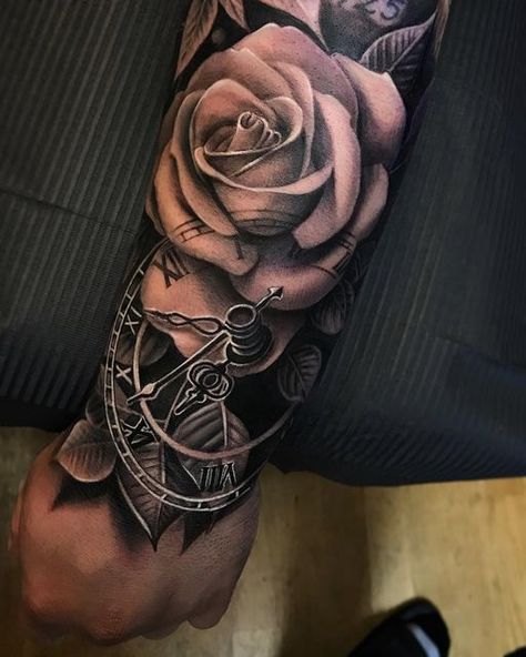 #kirtattoo on Instagram: "Rose and clock. ⚜️⚜️⚜️ first session for this sleeve in progress. #empireinks #empireinksproteam #tattoo #blackandgrey #stockholm #sweden #bng #tattooftheday #rose #clocktattoo #tattoos #blackandgreytatto #rosetattoo #inprogress" Clock And Rose Tattoo, Clock Drawings, Tattoo 2024, Rose Tattoo Sleeve, Dad Tattoo, Rose Tattoos For Men, Cool Arm Tattoos, Up Tattoo, Dope Tattoos For Women