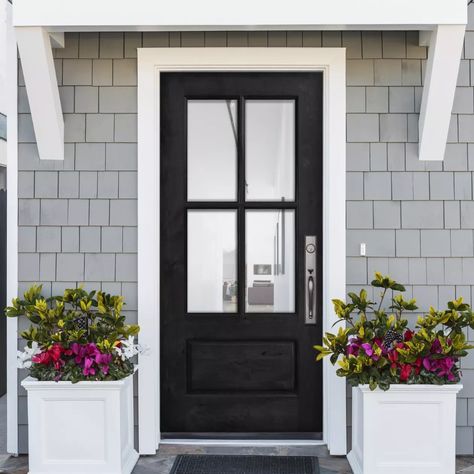 Front Doors With Windows Entrance, 4 Lite Front Door, Black Exterior Doors Front Entry, Entryway Doors Exterior, Black Doors Exterior Front Entry, Modern Traditional Front Door, Modern Farmhouse Front Door Entrance, Farmhouse Front Doors, Full Glass Front Door