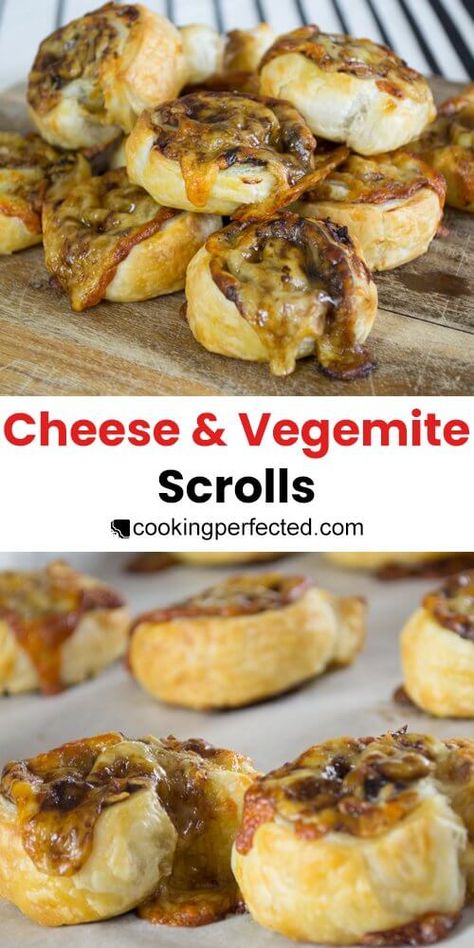 Cheesy Vegemite Scrolls, Cheese And Vegemite Scrolls, Vegemite And Cheese Scrolls, Vegemite Scrolls, Party Food Easy, Lunchbox Food, Aussie Food, Cheese Making, Cheese Snacks