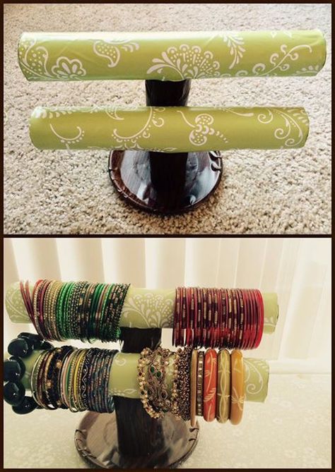 DIY  bangle stand made using paper towel and toilet rolls!!! Bangle Holder, Bangle Stand, Bracelet Stand, Diy Jewelry Display, Paper Towel Rolls, Toilet Paper Roll, Toilet Roll, Jewelry Display, Pop Up Shop