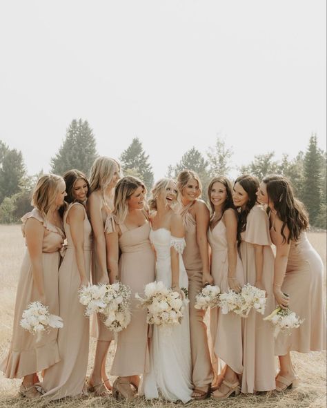 Full credit belongs to brookenalani on Instagram for the beautiful photo(s). Tan Bridesmaids, Wedding Cricut, Beige Bridesmaids, Photography List, Taupe Wedding, Neutral Bridesmaid Dresses, Tan Wedding, 2025 Wedding, Champagne Bridesmaid Dresses