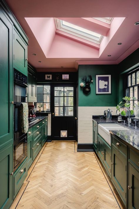 A Green Kitchen with Pink Ceiling in a Colorful London Home 1 Green Room Pink Ceiling, Pink And Green Dining Room, Edwardian Terrace House, Kitchen Ceiling Design, Pink Ceiling, Best Of 2022, Dark Green Kitchen, Cottagecore Bedroom, Green Dining Room