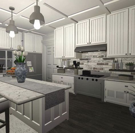 Blocksburg Kitchen Ideas Modern, Downtown Bloxburg, Blocksburg Kitchen Ideas, Bloxburg Architecture, Blocksburg Ideas, Hampton Mansion, Hamptons Mansion, Blocksburg House, Bloxburg Designs