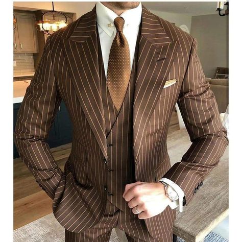 Dark Academia Brown, Plaid Tuxedo, Men's Tuxedo, Brown Pinstripe, Striped Wedding, Tuxedo Blazer, Tuxedo Wedding, Groom Wear, Tuxedo For Men