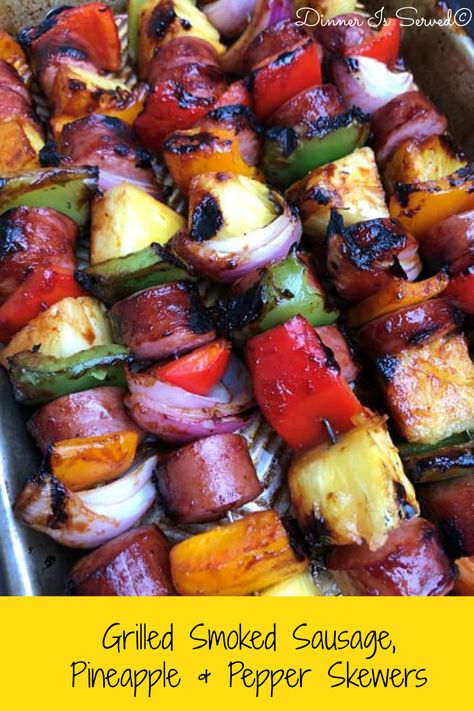 Smoked Sausage Camping Recipes, Sausage Grilling Recipes, Pellet Grill Kabobs, Grilled Sausage Dinner Ideas, Grilled Sausage And Veggies, Kielbasa Kabobs On The Grill, Smoked Sausage Skewers, Smoked Sausage On The Grill, Kielbasa Grill Recipes