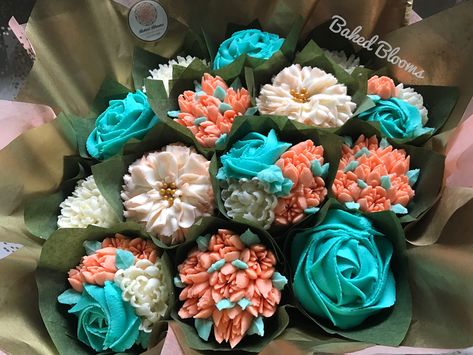 Teal and Coral Thank You bouquet www.bakedblooms.com Teal And Orange Cupcakes, Coral Cupcakes, White Wedding Cupcakes, Peach Cupcakes, Cookie Bouquets, Succulent Cupcakes, Bouquets Ideas, Cupcake Bouquets, Orange Cupcakes