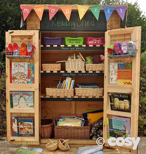 Reading Shed, School Outdoor Area, Eyfs Outdoor Area, Outdoor Reading, Preschool Garden, Outdoor Learning Spaces, Eyfs Classroom, Outdoor Play Spaces, Book Corner