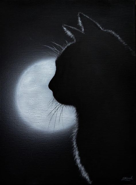 Black Cat Acrylic Painting, Black Cat Breeds, Black Background Painting, Crayon Painting, Black Cat Painting, Acrylic Art Projects, Silhouette Painting, Cute Canvas Paintings, Black Cat Art