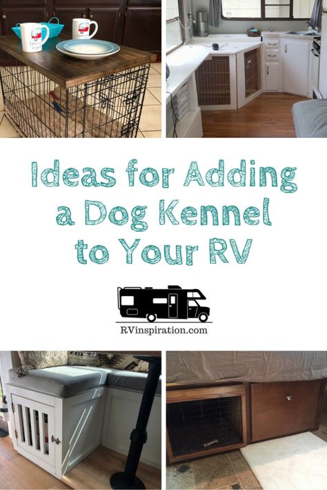 Ideas for adding a dog crate to your RV for your kennel trained pups! | rvinspiration.com #RV #RVideas #RVingwithdogs #RVstorageideas Big Dog Kennels, Dog Kennel Ideas, Rv Dog, Dog Enclosures, Camper Dog, Rv Inspiration, Kennel Ideas, Dining Booth, Wooden Dog Kennels