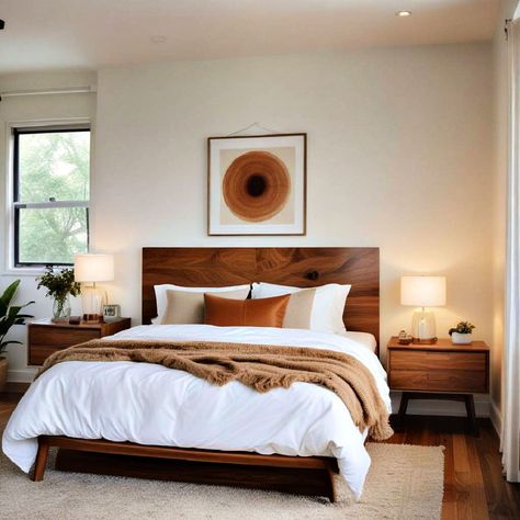 30 Midcentury Modern Bedroom Ideas You’ll Love Bedroom With Cherry Wood Floors, Wood Bedframe Bedroom Ideas Modern, Bedroom With Walnut Furniture, Mid Century Modern Small Bedroom, Walnut Furniture Bedroom, Mixing Wood Tones Bedroom, Dark Wood Floor Bedroom Ideas, Cozy Mid Century Modern Bedroom, Bedroom Wood Furniture