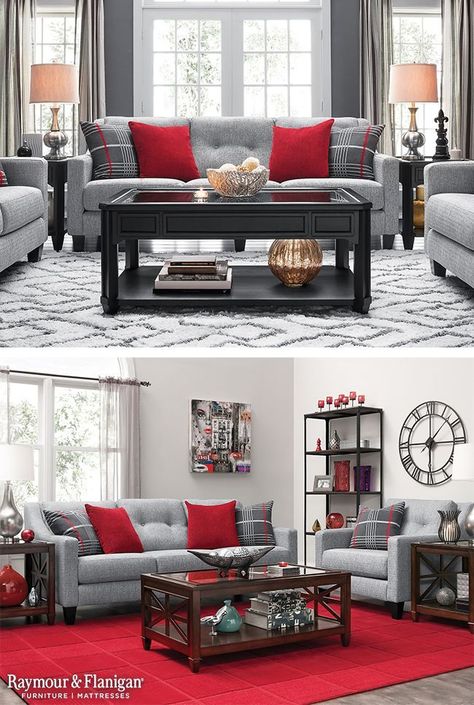 Grey And Red Living Room, Red Living Room Decor, Red Space, Red Living, Living Room Decor Gray, Black Living Room, Living Room Red, Living Room Color Schemes, Red Home Decor