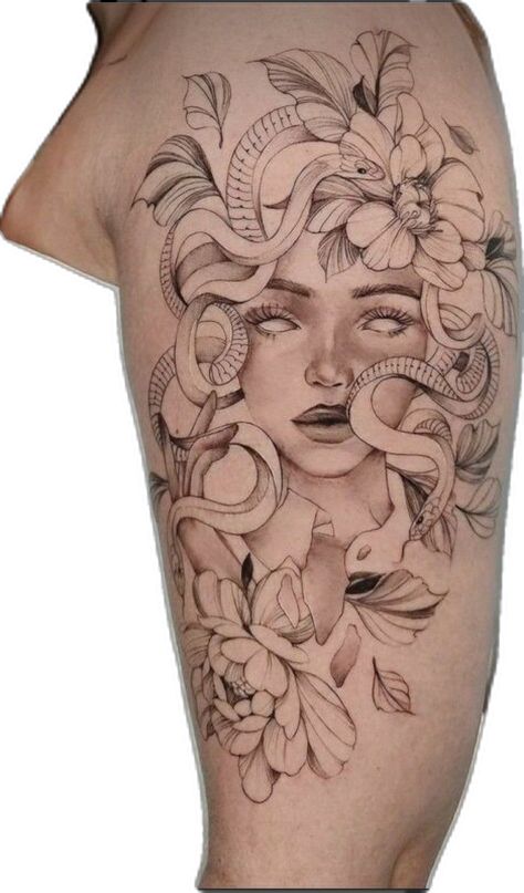 Female Medusa Tattoo, Medusa Calf Tattoos For Women, Delicate Medusa Tattoo, Medusa Tattoo Flowers, Medusa Flower Tattoo, Medusa With Flowers Tattoo, Medusa Tattoo Color, Medusa Shoulder Tattoo, Medusa Tattoo With Flowers