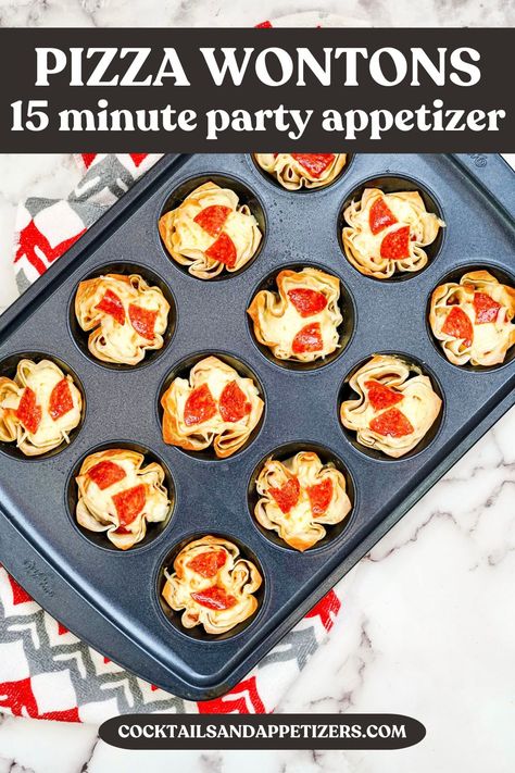 This Pizza Wonton cups recipe is an easy crunchy appetizer. Crispy wontons filled with cheese and pepperoni. Customize with any toppings you want. Easy to make handheld savory appetizer for easy game day food, Super Bowl game food and a great movie night snack! Pepperoni Pizza Appetizers, Pizza Appetizers Easy, Pizza Wontons, Pizza Wonton Cups, Handheld Appetizers, Wonton Appetizer Recipes, Crispy Wontons, Wonton Cups Appetizers, Easy Game Day Food