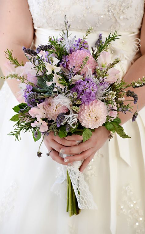 Whimsical purple and pink bridal bouquet wrapped in lace Pink Purple Green Bouquet, Bridal Bouquet Pink And Purple, Fairycore Wedding Bouquet, Pink And Purple Bridal Bouquet, Purple Pink Bouquet, Disney Bouquet, Fairycore Wedding, Woodland Wedding Bouquet, Flowers Bouquet Ideas