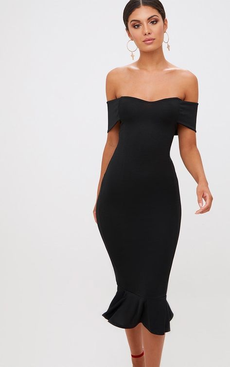 Black Bardot Frill Hem Midi DressGet occasion ready in this bardot midi dress. With a flattering ... Gaun Koktail, Cocktail Bridesmaid Dresses, Wedding Guest Outfit Fall, Bardot Midi Dress, Cocktail Attire, Outfit Trends, Style Noir, Cocktail Party Dress, Dress Midi